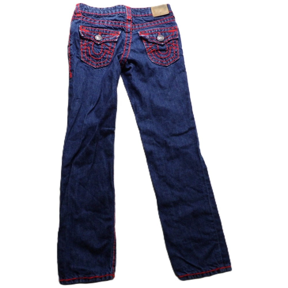 True Religion Geno Kids 8 Blue Super T Jeans Red Stitch Flap Pocket Straight Y2K